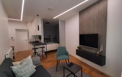 比耶利纳NINA Studio Apartment的带沙发和电视的客厅以及卧室