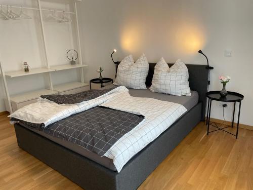 奥芬巴赫Emerald Green Apartment的一间卧室配有一张大床和枕头
