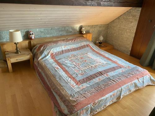 洛桑Beauregard attique的一间卧室配有床,床上装有被子