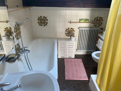 洛桑Beauregard attique的带浴缸、卫生间和盥洗盆的浴室