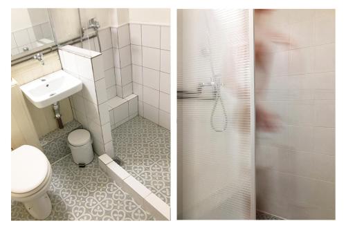 拉里萨Kinfeels' downtown apartment B1的浴室设有卫生间和淋浴,两幅图片