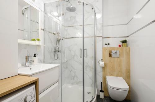 罗兹ApartHouse Deluxe的带淋浴、卫生间和盥洗盆的浴室