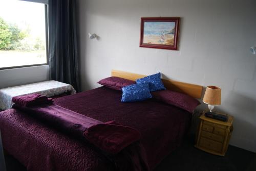派西亚Hyview的一间卧室配有一张带紫色床单的床和窗户。