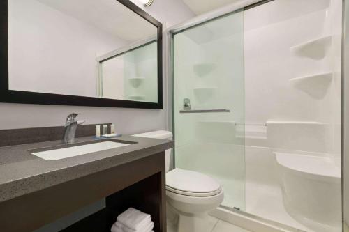 萨尼亚Days Inn by Wyndham Sarnia Harbourfront的一间带卫生间和玻璃淋浴间的浴室