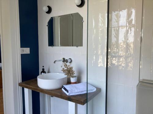尼奥尔Chambres d'hôtes - La Maison 19的一间带水槽和玻璃淋浴的浴室