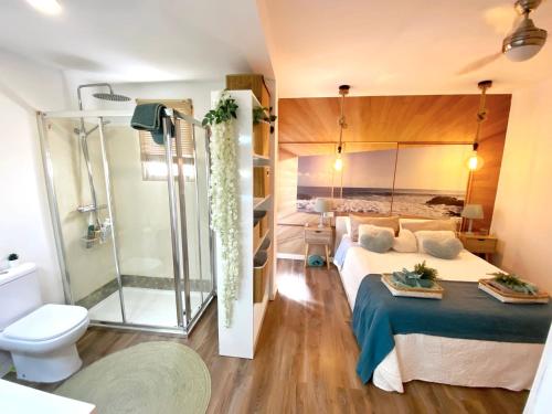 阿尔么丽亚Nuevo y Moderno Apartamento的一间卧室设有一张床、淋浴和卫生间