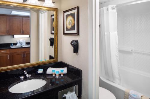 默特尔比奇Holiday Pavilion Resort on the Boardwalk的浴室配有盥洗盆、镜子和浴缸