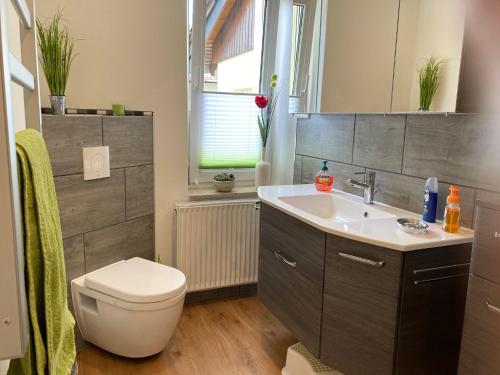 AnnahütteHaus Steffine的浴室配有白色卫生间和盥洗盆。