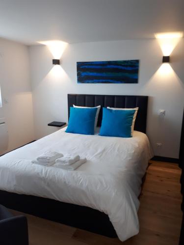 圣米歇尔-谢夫谢夫Maison et grande terrasse face mer的卧室配有带蓝色枕头的大型白色床