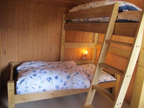瓦尔贝拉Haus Tgamotsch***- Ferienwohnung in Valbella的小屋内设有一间带两张双层床的卧室