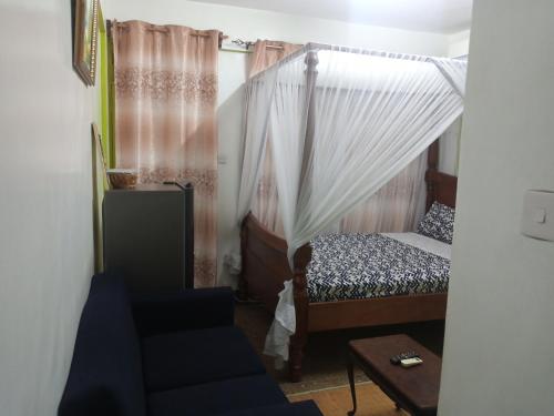 蒙巴萨SAFI Apartment的一间卧室配有一张天蓬床和一把椅子