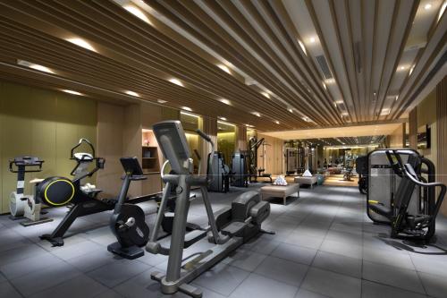 上海上海南新雅皇冠假日酒店的大楼内带跑步机和健身器材的健身房