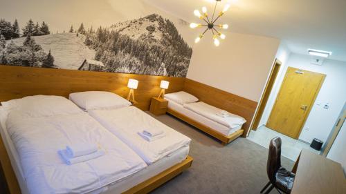 瓦尔卡Apartmány 45 Valča的一间带两张床的卧室,享有山脉美景