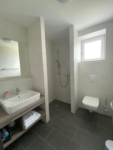 SalzkottenGästehaus Vondey的白色的浴室设有水槽和卫生间。