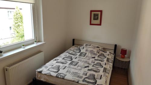 弗罗茨瓦夫Apartament przy Wrocławskim Stadionie的一间卧室配有一张带床罩的床和窗户