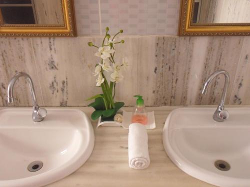 拜肖布萨达安嘎旅馆的浴室设有两个水槽和花瓶