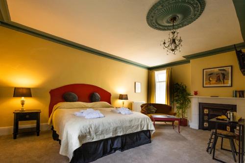 杜伦Tudhoe Park House的一间卧室配有一张床和一个吊灯