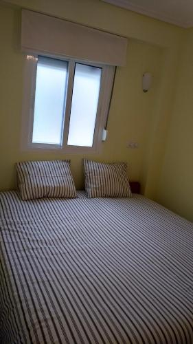 拉科鲁尼亚La Coruña, Mera apartamento con vistas espectaculares的窗户客房内的一张带两个枕头的大床