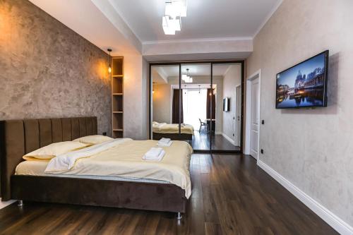 基希讷乌DOUBLE SkyHouse Exclusive Apartments的一间卧室设有一张大床和一台墙上的电视。