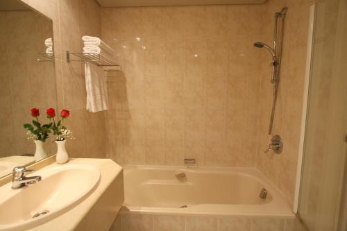 维戈机场汽车旅馆的浴室配有盥洗盆、浴缸和盥洗盆