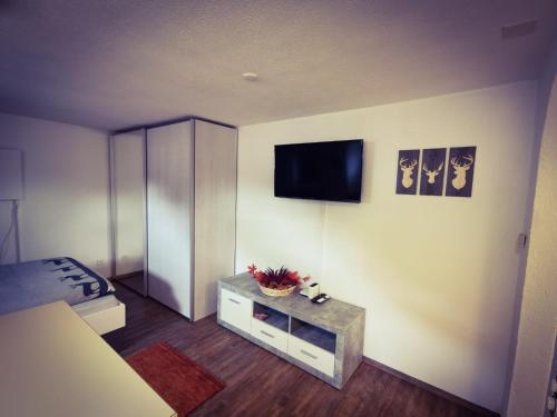 萨姆瑙恩Haus Crestas的卧室配有一张床,墙上配有电视。