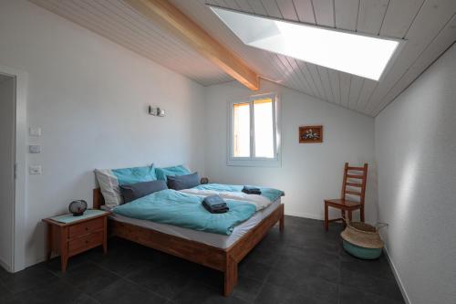 莫尔日Les Volets Bleus的一间卧室配有一张床和天窗