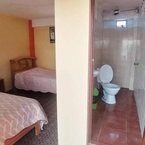 科帕卡巴纳阿雷格里港旅馆的两幅画,一幅是带卫生间的浴室和一间卧室