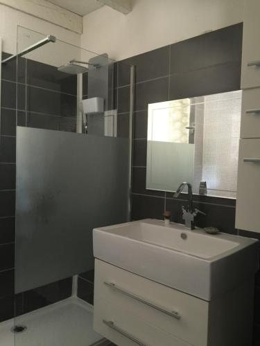 利和米克斯Maison proche Ocean的浴室设有白色水槽和镜子