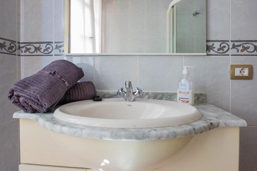 拉克鲁斯Agora - Spacious apartment 2 bedrooms- 2 bathrooms的浴室水槽配有毛巾和镜子