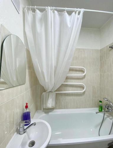 (( Turksib ))Апартаменты на Ахметова 6的一间带水槽、浴缸和镜子的浴室