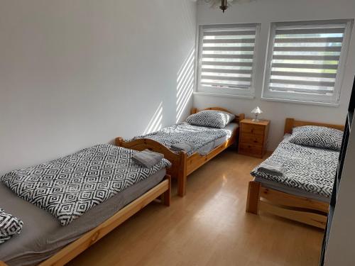 梅图耶河畔特普利采W apartmán的带2扇窗户的客房内的2张单人床