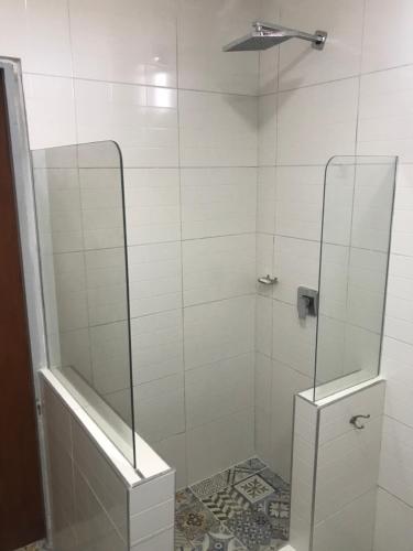 圣拉斐尔LOS TEROS POSADA DE CAMPO的带淋浴的浴室和玻璃门
