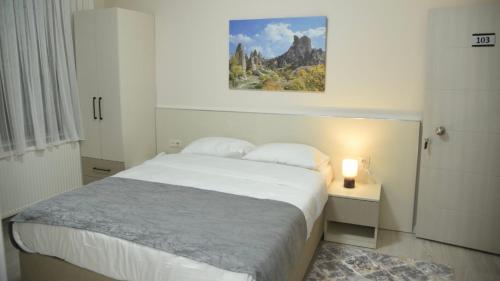 乌奇希萨尔Trigo Hotel的卧室配有一张床,墙上挂有绘画作品