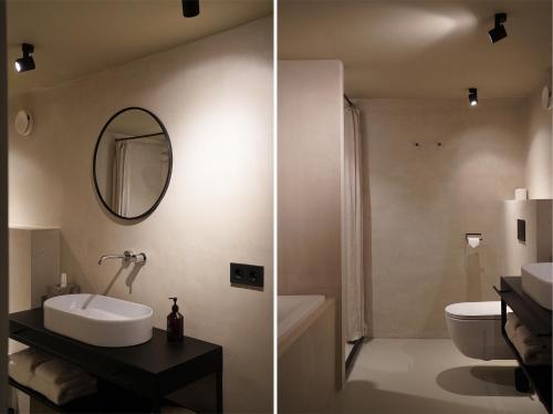 鹿特丹Hotel âme的浴室设有水槽和卫生间,两幅图片