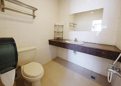 垦丁大街垦丁福乐渡假饭店 的一间带卫生间、水槽和镜子的浴室