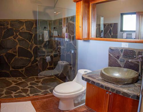 蒙泰韦尔德哥斯达黎加Sunset Vista Lodge,Monteverde,Costa Rica.的一间带水槽、卫生间和淋浴的浴室