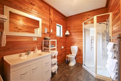 半月湾Kaka Retreat Motel, Stewart Island的一间带水槽、淋浴和卫生间的浴室