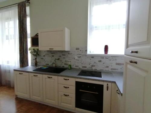 罗加斯卡斯拉提纳Vila Rogashka One Bedroom Apartment的厨房配有白色橱柜、水槽和窗户。