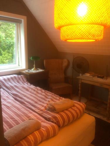 克里斯蒂安桑Aid og Svein’ s sentrumsnære panorama hjem的一间卧室配有一张带窗户和椅子的床