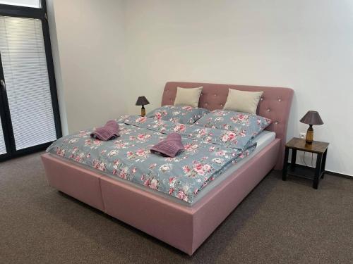 托普拉河畔弗拉诺夫RetroDym penzion的一间卧室配有一张带粉红色花框的床