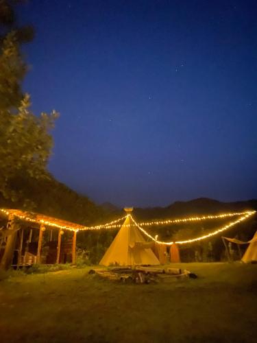 阿拉木图@Logovo_Sovi的夜晚在田野里带灯的帐篷