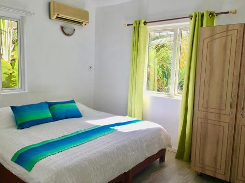 弗利康弗拉克Beachfront Villa in a beautiful and secured complex的一间卧室配有一张带绿色窗帘的床和窗户。