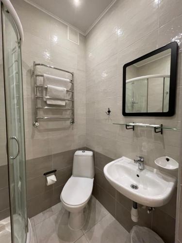 基辅古萨斯凯酒店及公寓的一间带卫生间、水槽和镜子的浴室