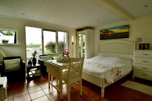 Hollandscheveld德菲尔德林旅馆的一间卧室配有一张床、一张桌子和一张桌子