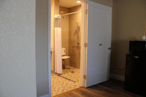 奥克兰奥克兰帝国酒店的通往带淋浴的浴室的开放式门