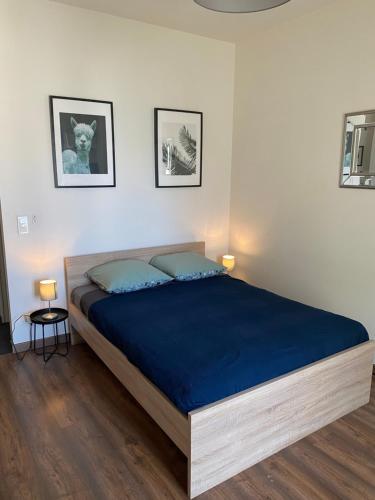 尼斯Studio 21m² Rue de France的一间卧室配有一张蓝色床单和两张墙上照片的床。