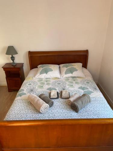 普雷讷夫昂德雷KER LOÏS Grand appartement Vue Mer tout confort的一张带两个枕头和两双鞋的床