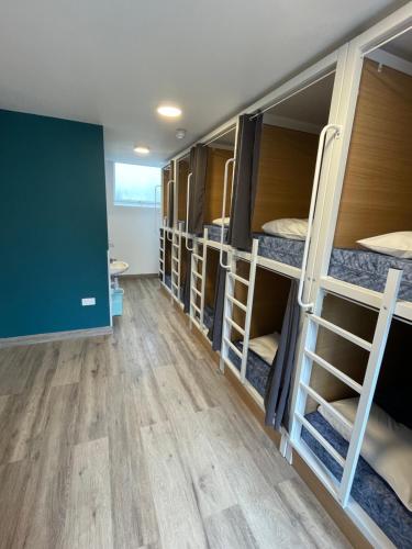 伦敦卡姆登斯马特旅舍的宿舍间设有双层床和黑板