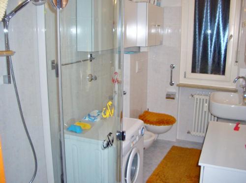 博尔扎诺Bozen Mitte的带淋浴、卫生间和盥洗盆的浴室