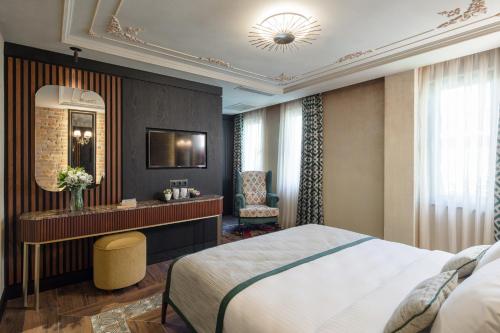 伊斯坦布尔伊斯坦布尔特里亚酒店的配有一张床和一张书桌的酒店客房